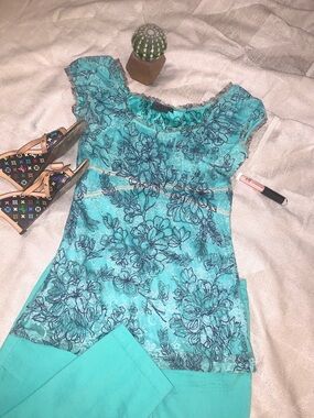 Miss Me by MM Couture, Teal and Black Floral Lace, Ruffle Cap-Sleeve Top